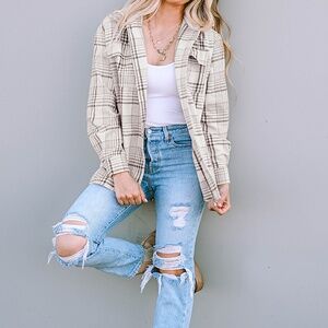 Khaki Plaid Removable Hood‎ Buttoned Shacket